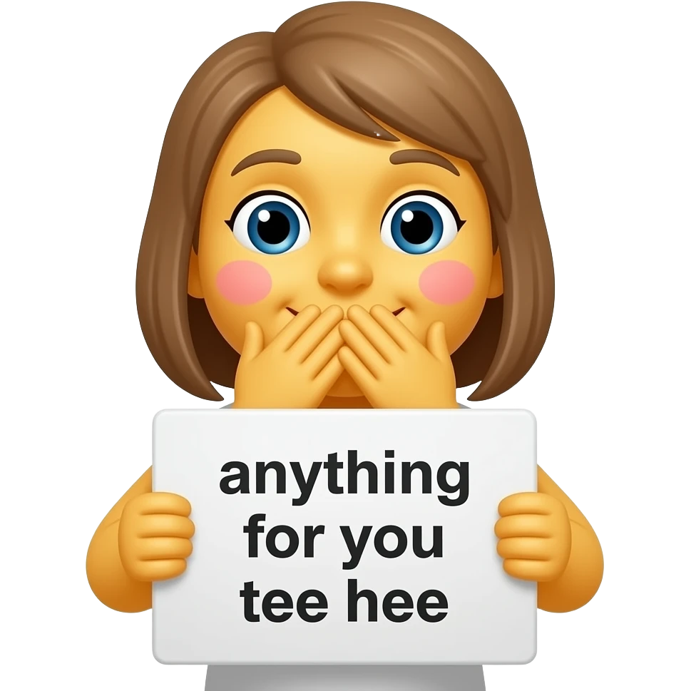 Yellow smiley blushing covering mouth in love holding up a sign sign that says "anything for you tee hee" emoji