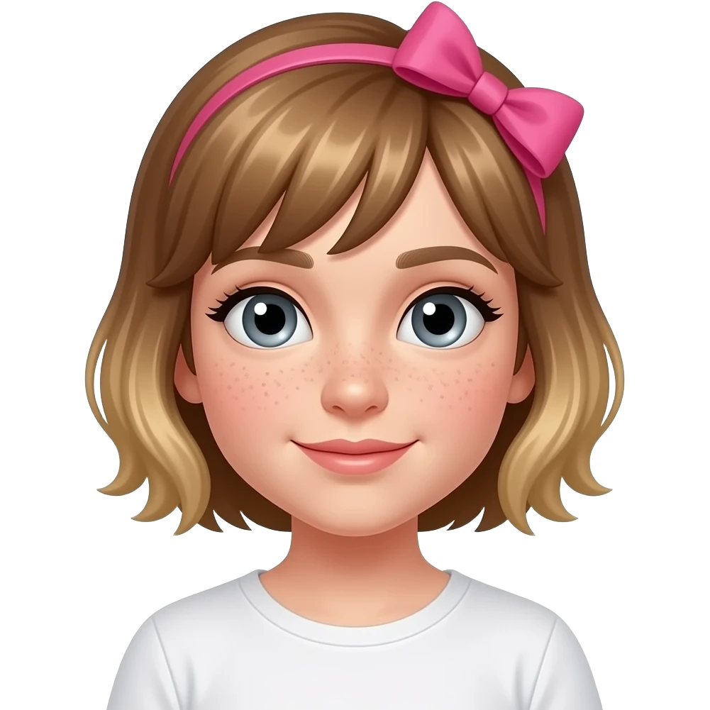 Short, brown/blonde hair, freckles, pink bow grey eyes emoji