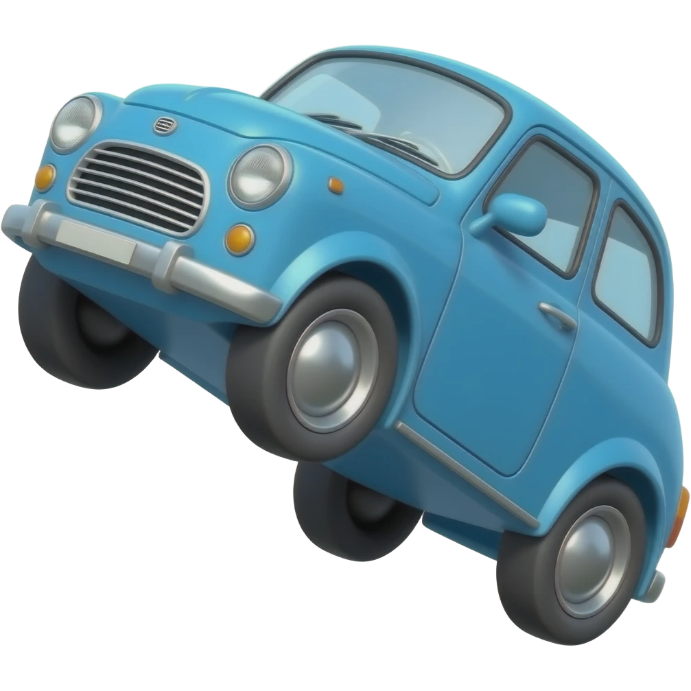 old small blue car flying, slight upward angle, wheels visible, whimsical feel, centered, 3D glossy emoji style, clean background emoji