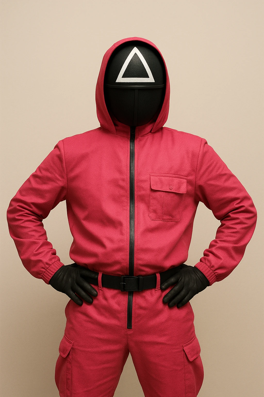 Squid Game man character in pink guard uniform with mask, standing pose, simple background emoji
