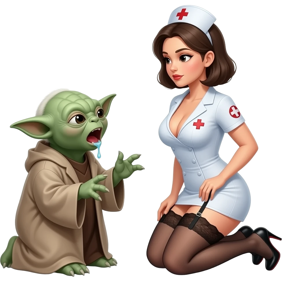 Yoda with a large breasted nurse, thin wearing garter belt, stiletto heels, kneeling and facing yoday, low cut cleavage, mouth wide open drooling emoji
