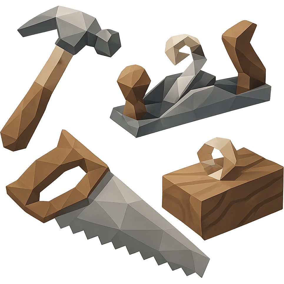 low-poly polygonal style woodworking tools and wood emoji