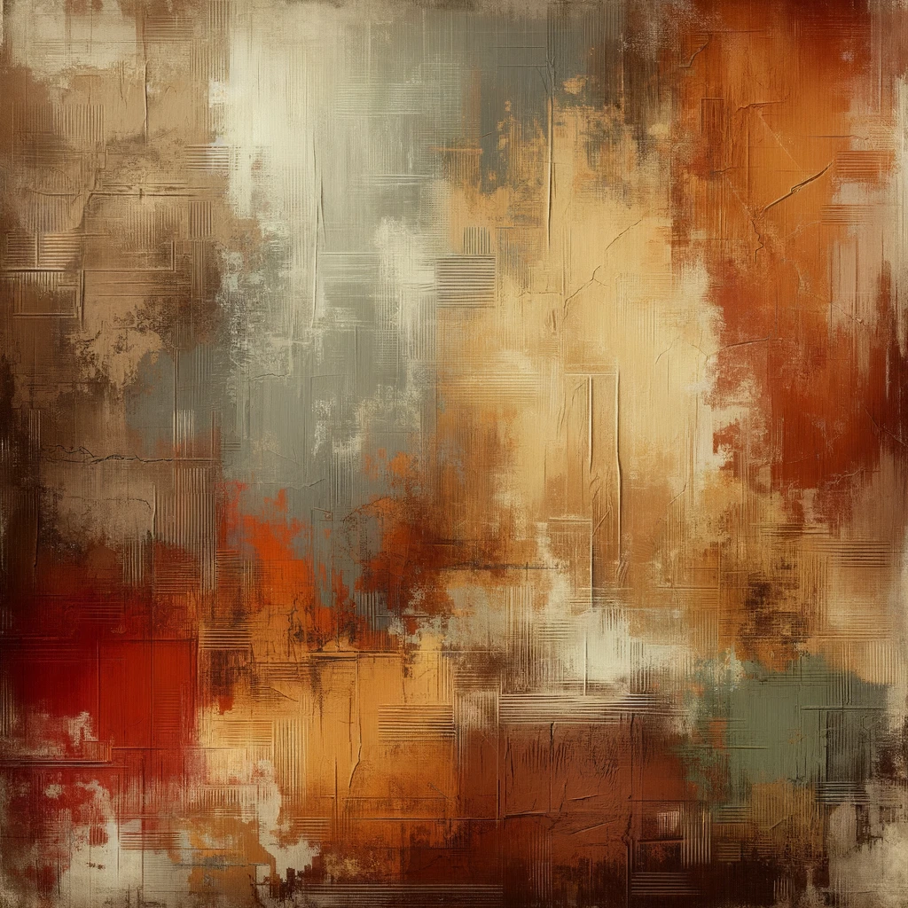 Autumn background with rough textured surface, rustic earthy tones (rust, ochre, chestnut, olive, beige), abstract painterly strokes, grunge style, cozy warm atmosphere emoji