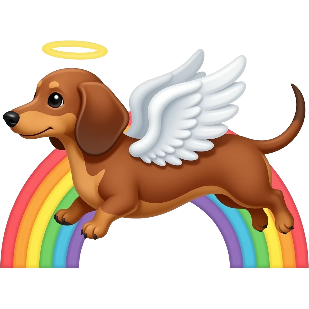 Red dachshund with angel wings flying to the rainbow bridge emoji