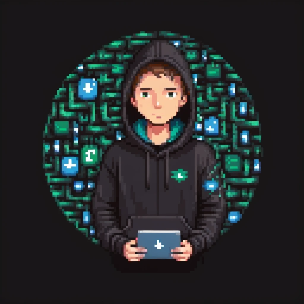 pixel art of a programmer in a dark hoodie, surrounded by floating code symbols emoji
