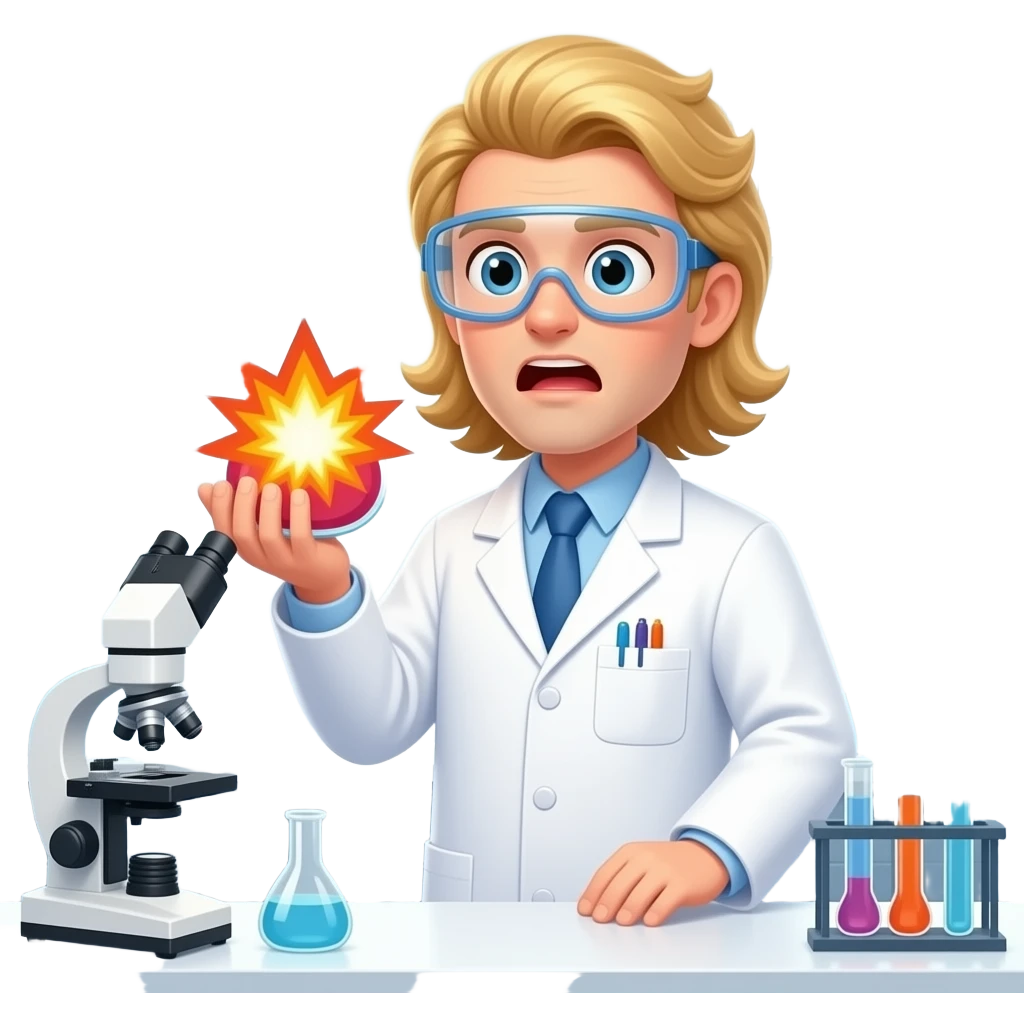 male scientist with long blond hair and no beard wearing googles experiencing a flask explosion emoji