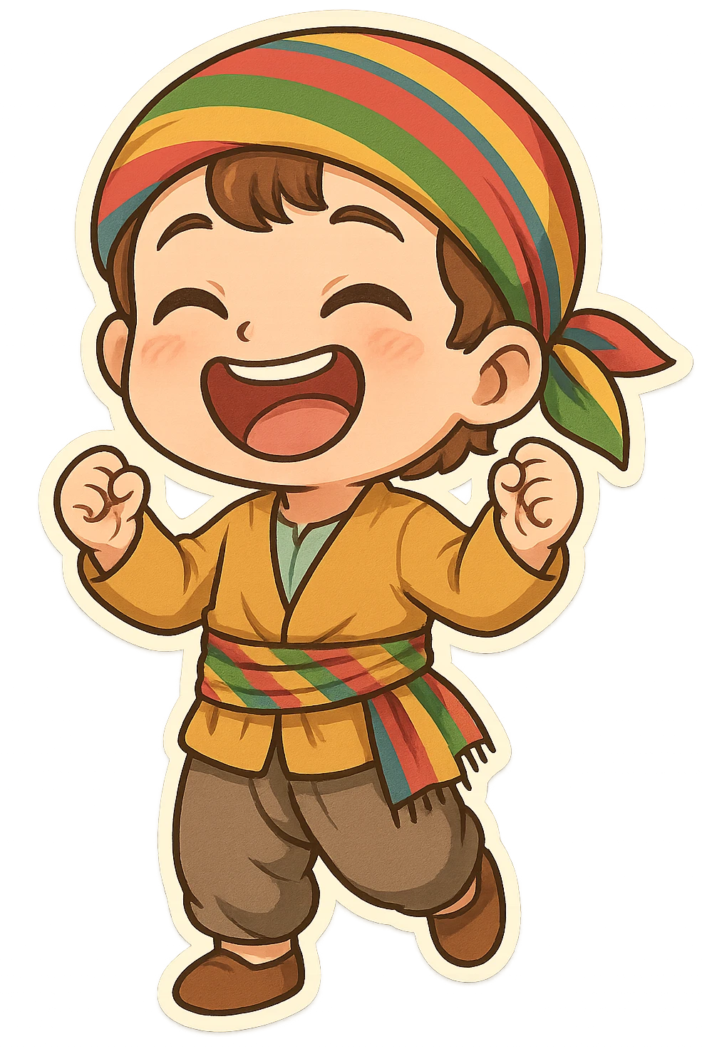 Cartoon sticker of a Kurdish child in traditional Kurdish child clothing, colorful and cheerful, face with loud laughter and big smile, no text, suitable for WhatsApp and Instagram, transparent background. emoji