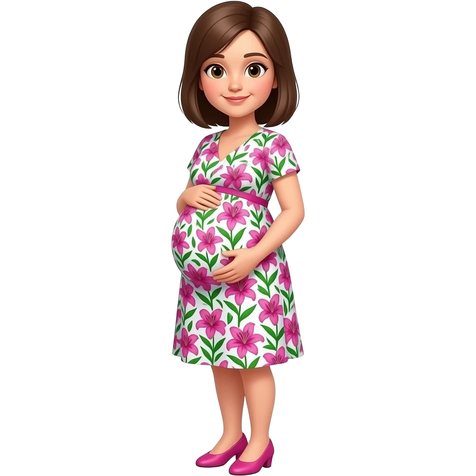 Short pregnant women. Wearing a lily politzer dress and pink shoes. She has brown semi straight hair in a  side part emoji
