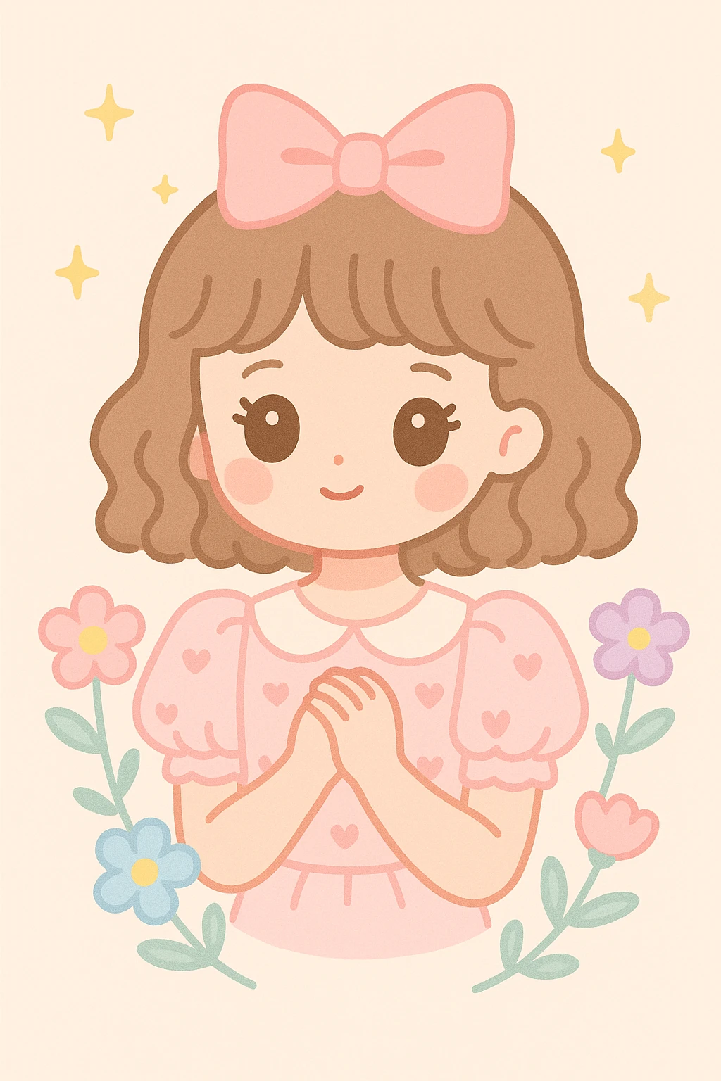 a girl in coquette style surrounded by delicate flowers, wearing a puff-sleeve blouse, subtle heart motifs, soft curls, sweet innocent look emoji