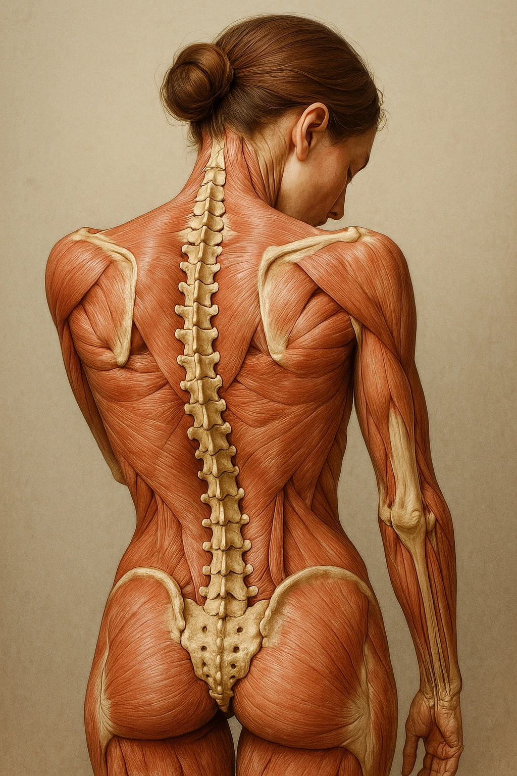 CORPO UMANO ANATOMICO di una donna con spalle chiuse e postura incurvata, spina dorsale in evidenza, IPERREALISTICO 4K emoji