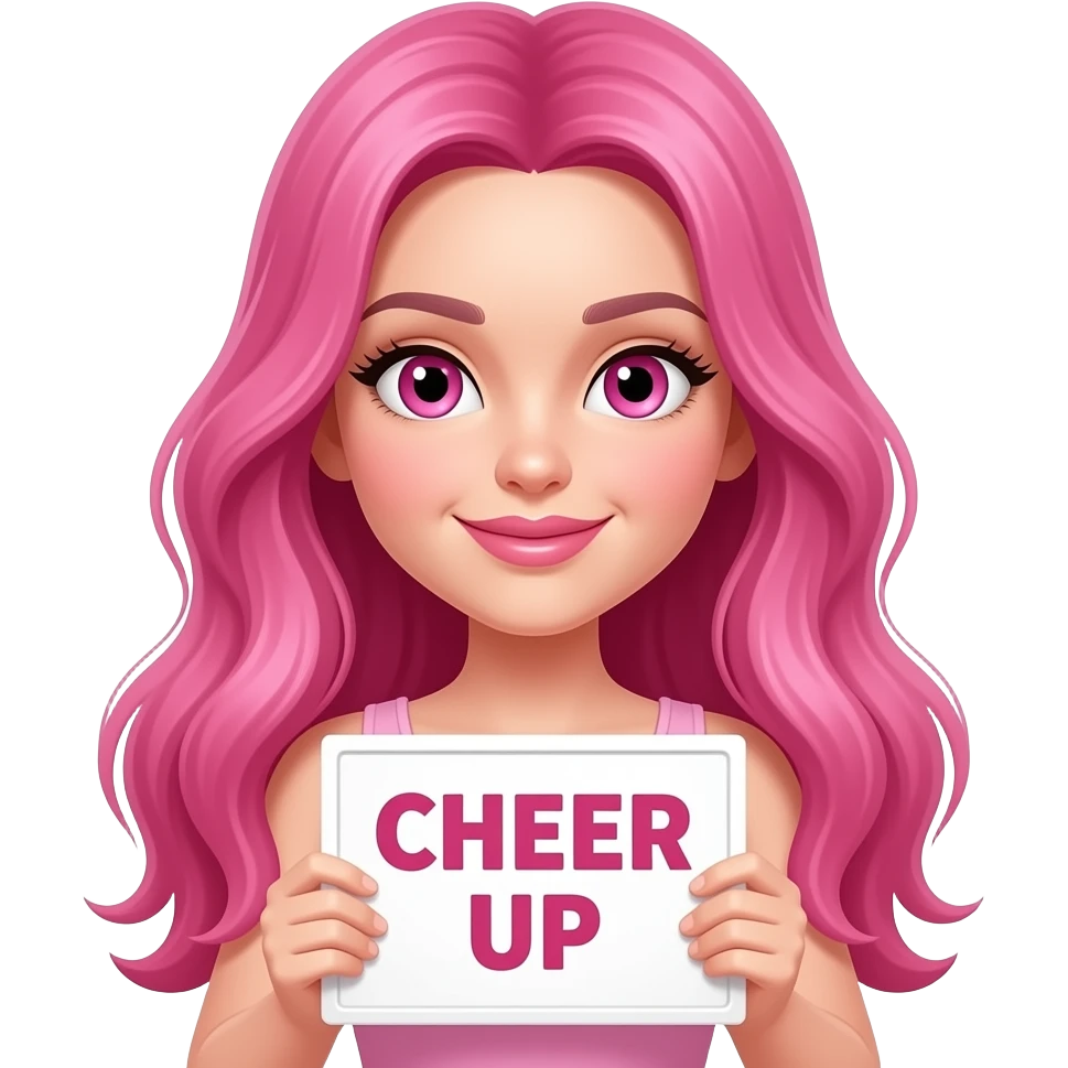 sexy girl with long pink hair and pink eyes holding CHEER UP sign emoji