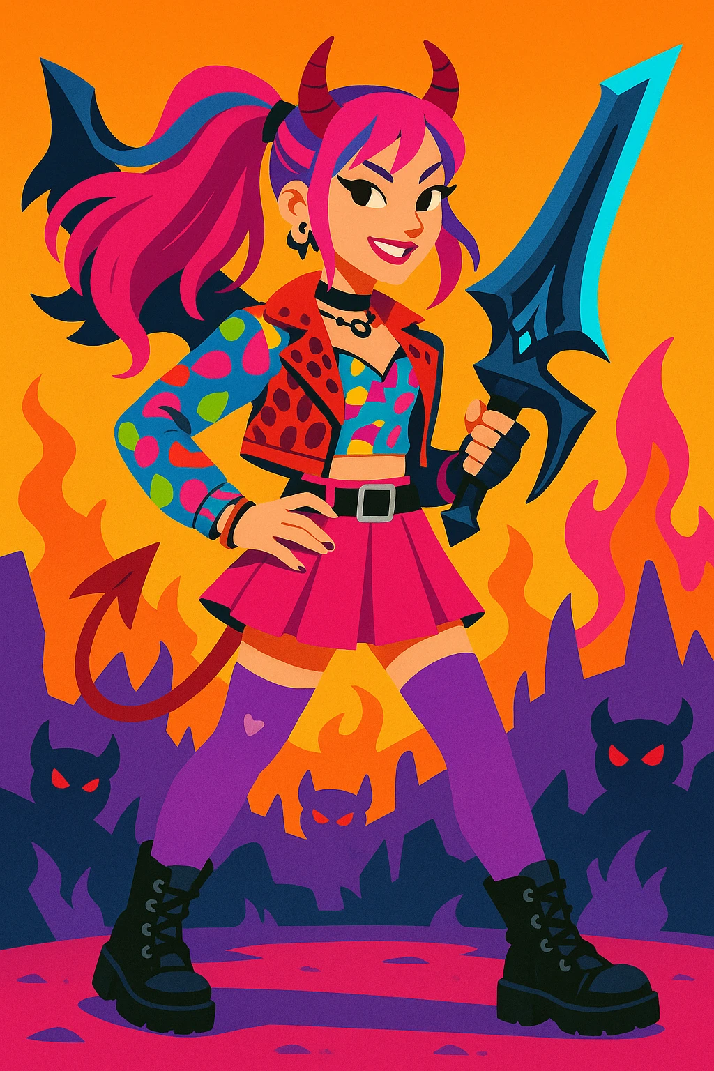 Zoey from K-pop as a stylish demon hunter, vibrant outfit, dynamic pose, fantasy weapon, energetic, K-pop idol vibe emoji