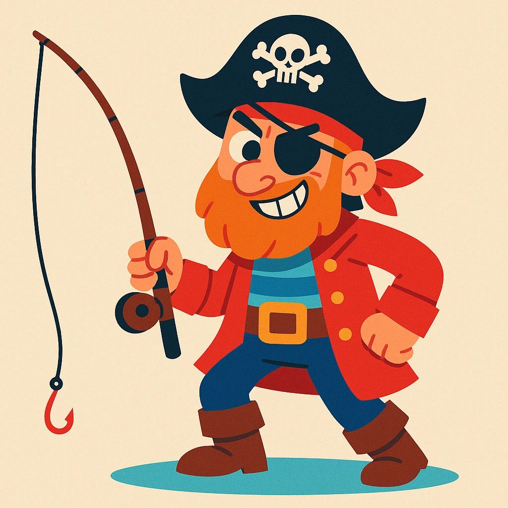 mischievous pirate with a fishing rod, cartoon style, vibrant colors, playful expression emoji