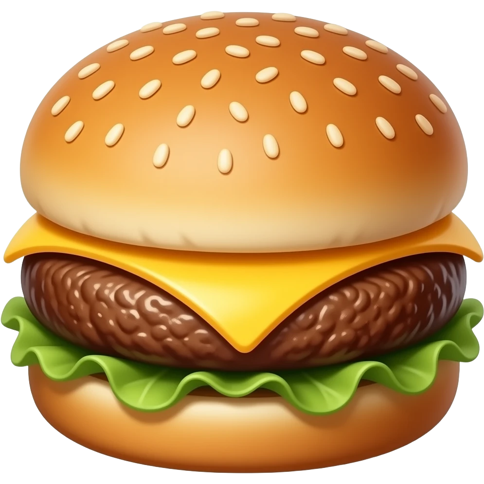 cheddar cheeseburger, only bun, beef patty and thick melted cheddar, cheese layer replaces lettuce, no lettuce, no vegetables, no green color, premium casual game style, 3D cartoon, front view, no outline emoji