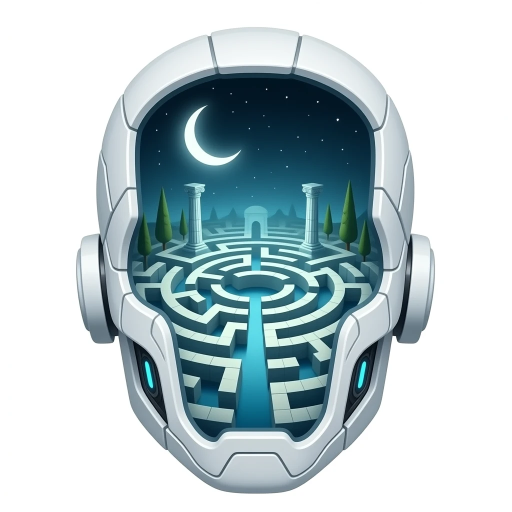 synthwave - a view from above into an open futuristic cybernetic head that contains the space of an ancient labyrinth emoji