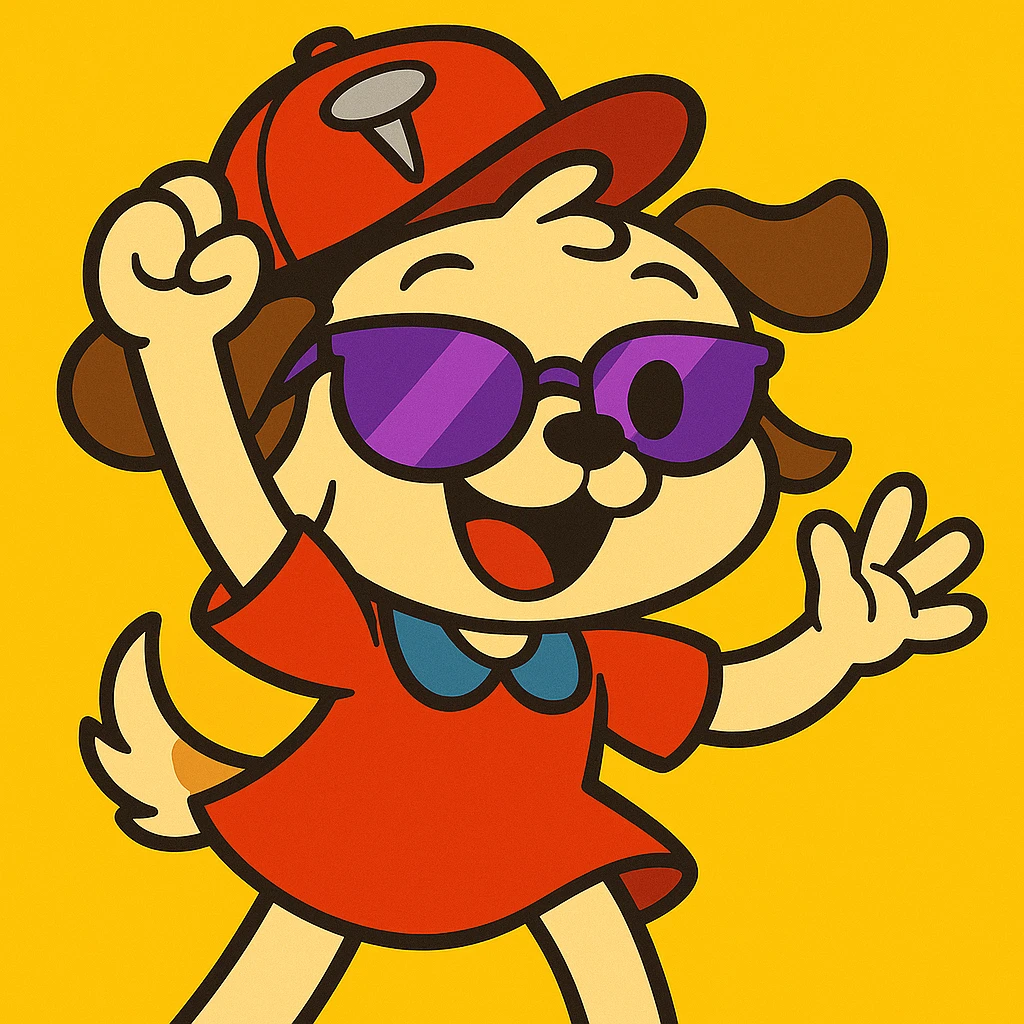 Add a vibrant, colorful background behind the puppy girl holding up a nail hat and wearing half purple sunglasses. Keep the fun, expressive cartoon style. emoji