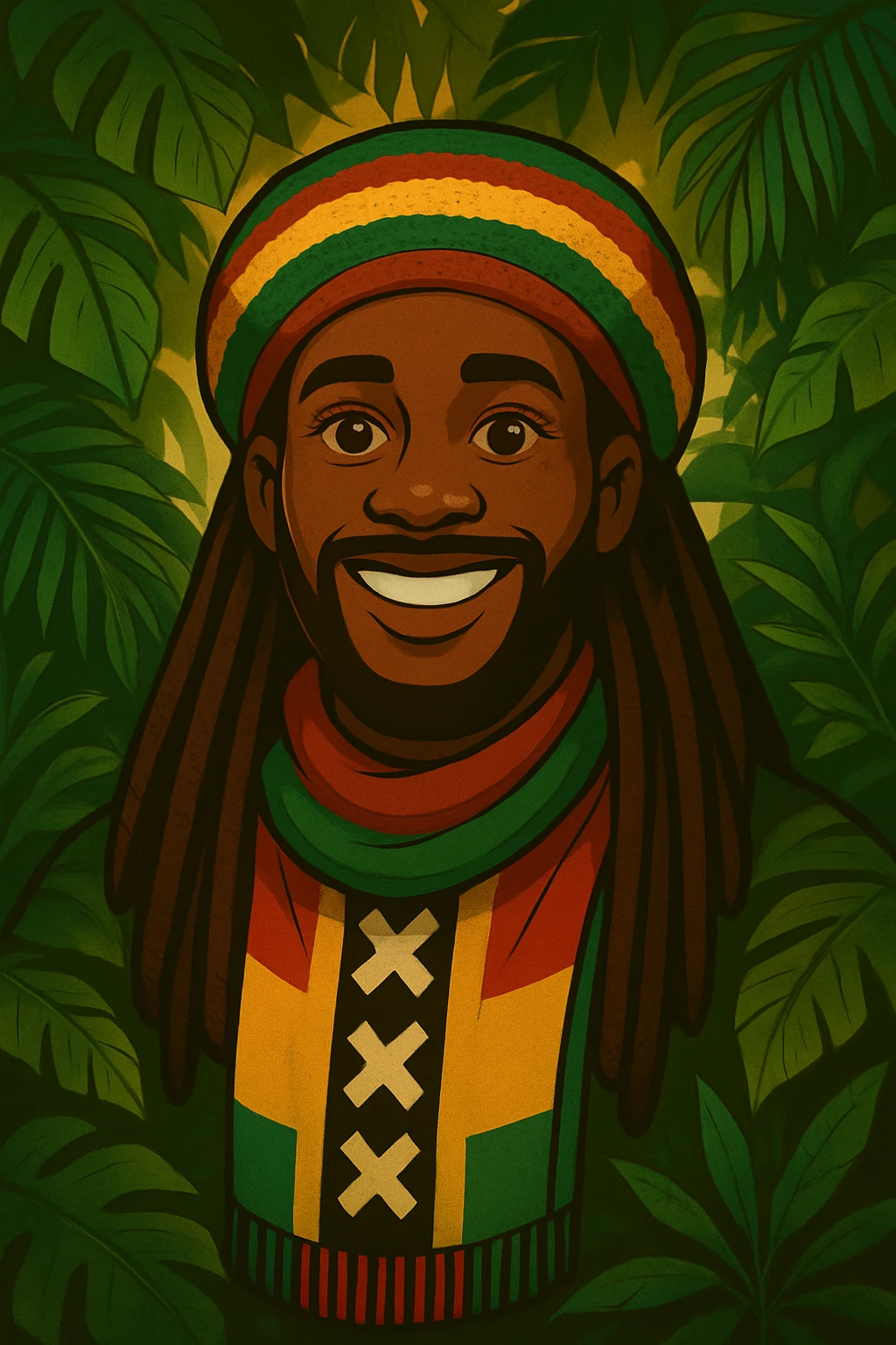 “Create a powerful illustrated portrait of a smiling man with long dreadlocks, wearing a colorful red, gold, and green knitted tam. The background has jungle leaves and warm lighting. Style: vibrant digital art, modern, bold lines, reggae vibe. With a Amsterdam colour scarf around his neck I gave a idea emoji