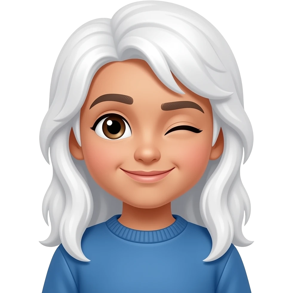 Brown pakistani boy with long shoulder length white hair winking, wearing blue sweater emoji