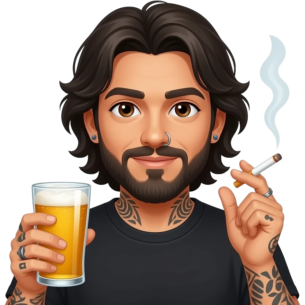 The handsome manly Latino podcast host with medium length hair, a long beard and tattoos with his ears pierced and a nose ring on the right side, dark brown eyes, partying with beers and cigarettes emoji