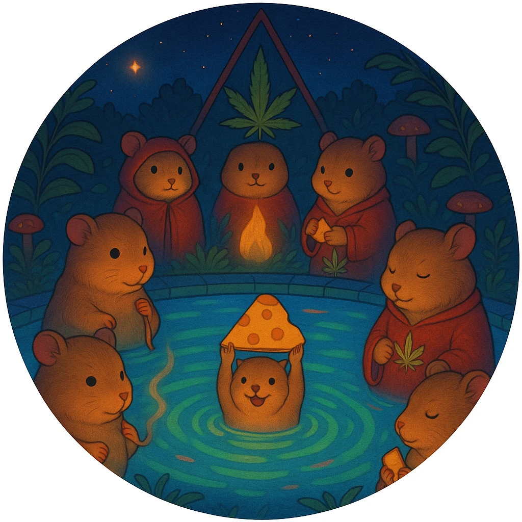 Reformat the image for a Discord server icon: crop to a centered, simple, circular composition, keep the main hamster cult pool party theme, vibrant Ghibli style, clear at small size. emoji