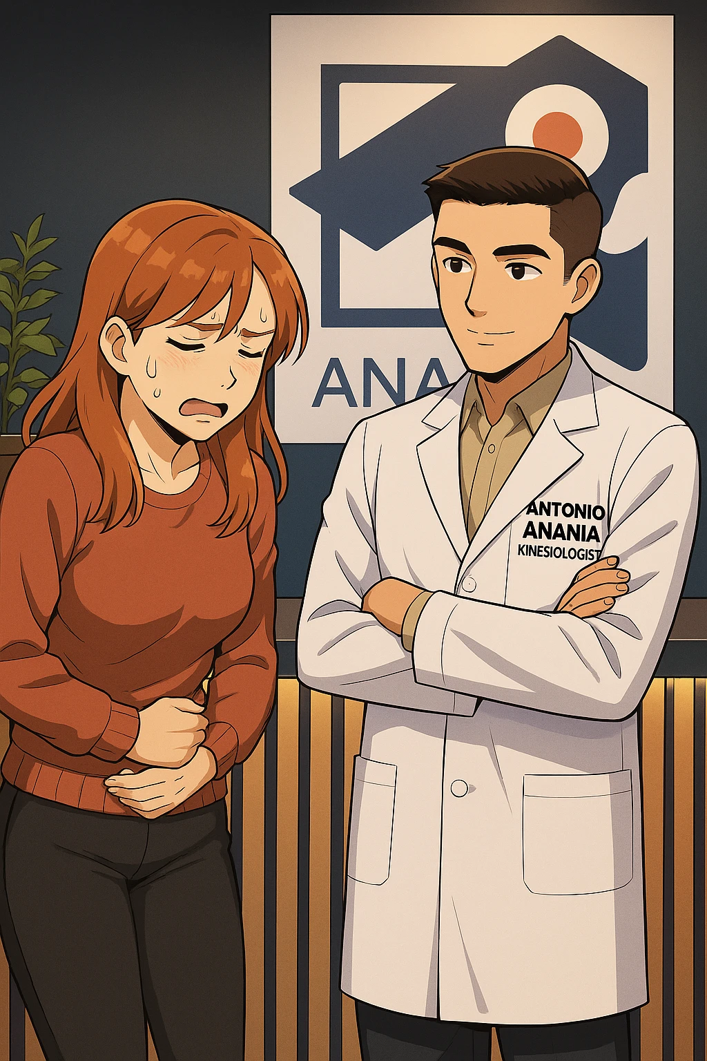 su questo stile fai un manga/webtoon a colori in cui una donna che parla esasperata dal suo problema, l'uomo della foto in stile manga gli risponde, mantieni un ambiente simile alla foto che ho allegato con il suo logo (sarebbe il suo studio, lui è un kinesiologo), scrivigli "ANTONIO ANANIA" sul camice bianco, non mettere fumetti, ma fai in modo che sembri che la donna chiede una cosa e l'uomo risponde alla sua domanda emoji