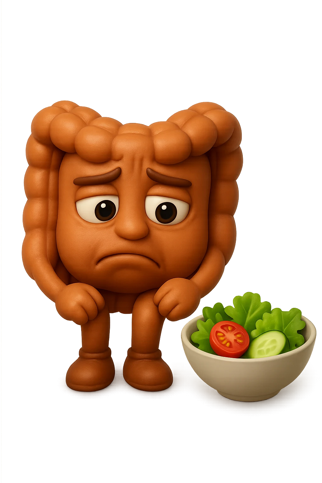 EMOJI STILE IPHONE DI UN INTESTINO UMANO ANATOMICO CHE GUARDA UN INSALATA CON ESPRESSIONE TRISTE E RASSEGNATA IN VOLTO: SOFFRE LA FAME PERCHé è A DIETA, FAGLI ANCHE LA PARTE BIANCA DEGLI OCCHI, NON SOLO LE PUPILLE, IPERREALISTICO 4K emoji