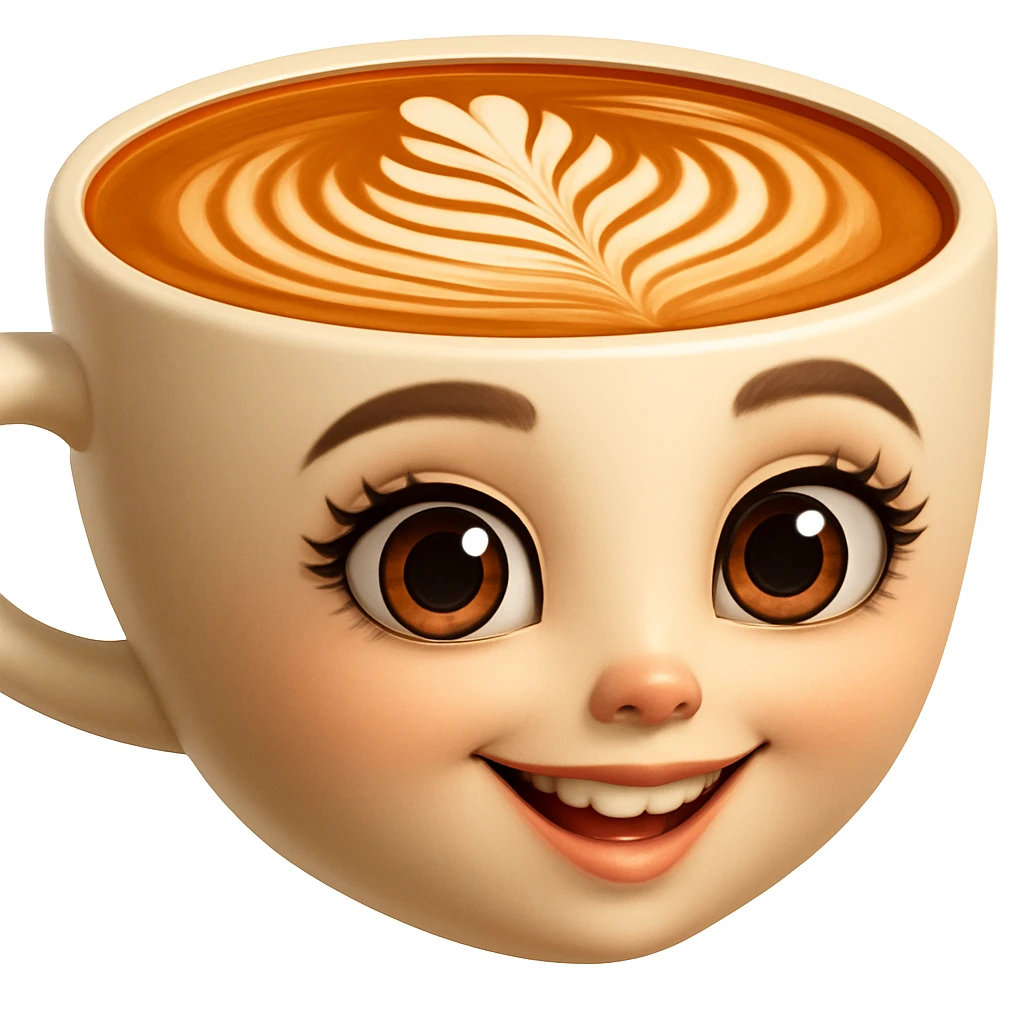 Edita la imagen para que el personaje de la taza de café  MANTENGA exactamente su estilo original,  y colores según la imagen de referencia. ELIMINA FONDO PARA QUE QUEDE TIPO EMOJI NO DBE TENER CUELLO. emoji
