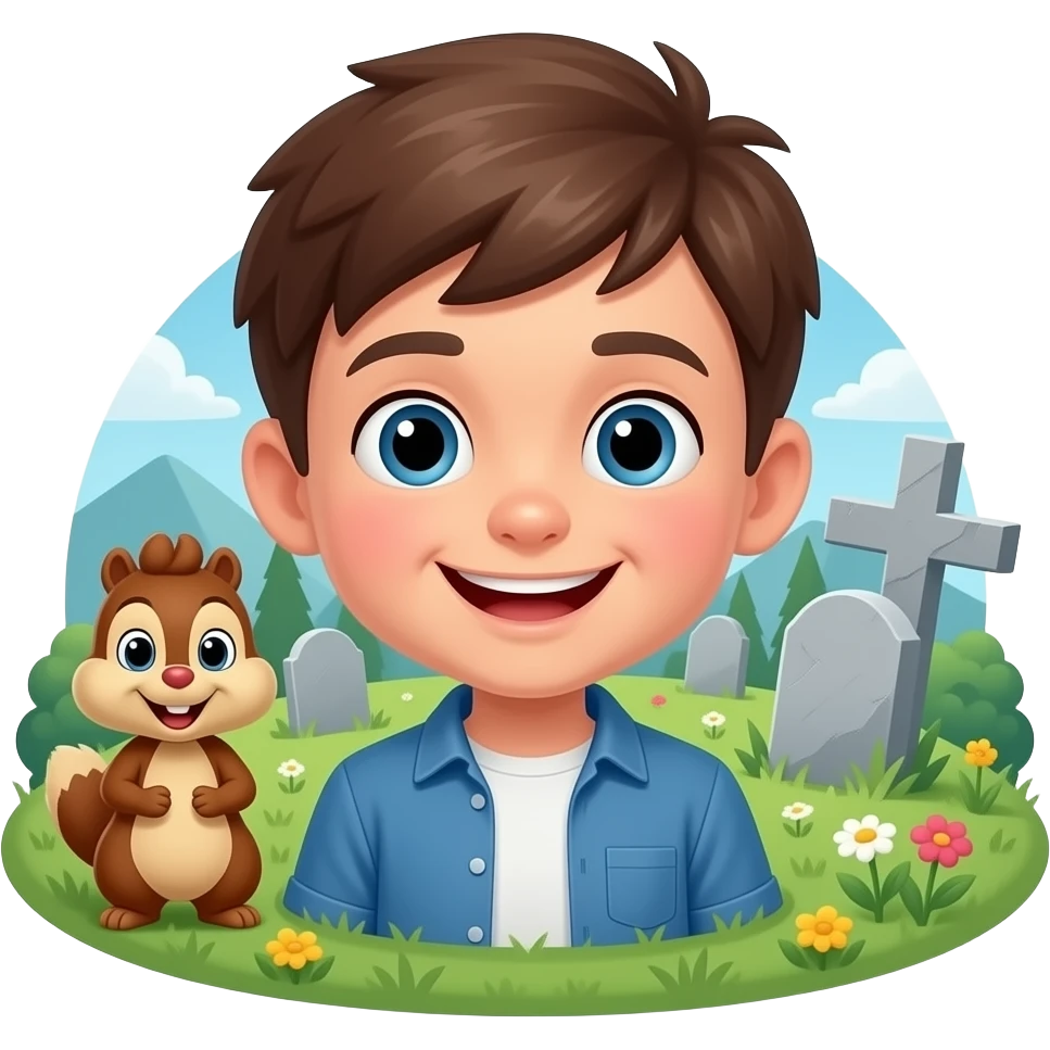 A boy doing a grist in front of Alvin from the chipmunks at a graveyard emoji