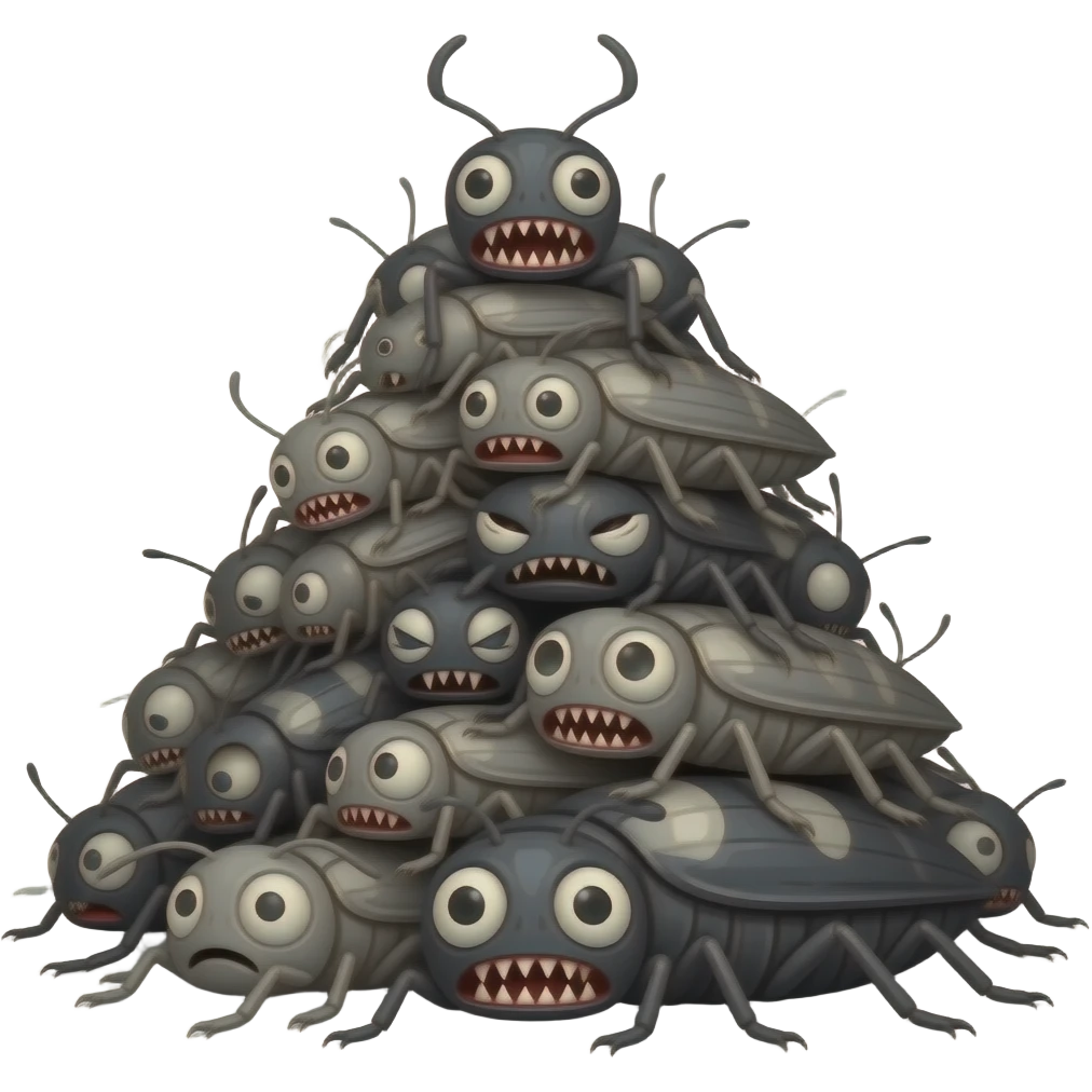 bugs emoji just bugs everywhere all corners  emoji shades of grey black white emoji piles of grey bugs black bugs grey bugs white bugs teeth large teeth large fangs large eyes inflated eyes pain sorrow bugs writhing bugs scared bugs piles and piles dead bugs pain crying emotion screaming fear horror emoji