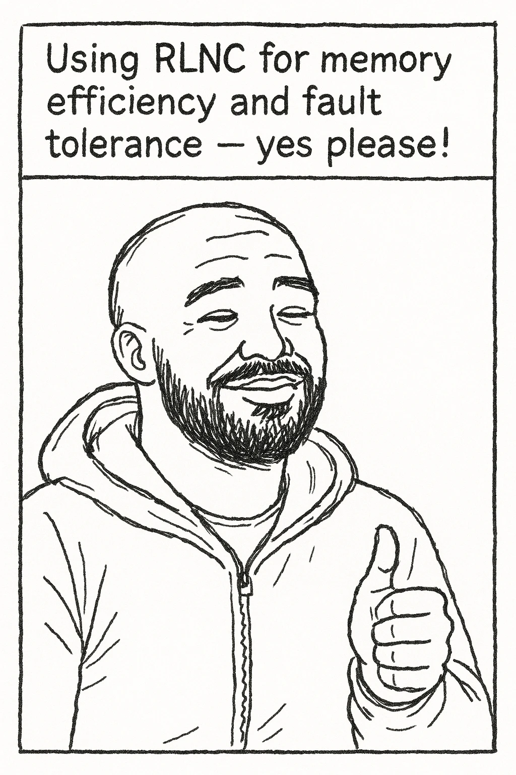 Drakeposting meme, bottom panel, Drake approving Optimum with RLNC coding, caption: 'Using RLNC for memory efficiency and fault tolerance — yes please!' emoji