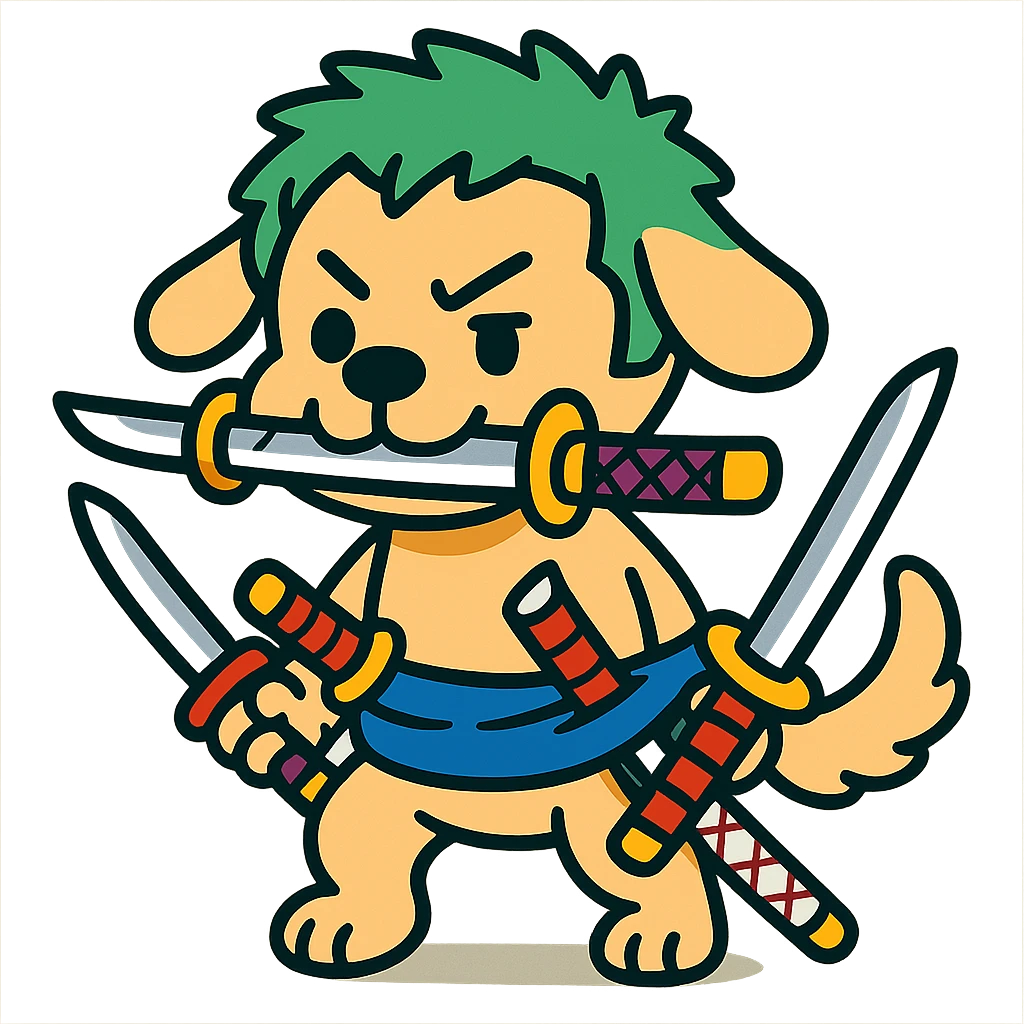 cute dog cosplaying Zoro, green hair, three swords, blue sash, cartoon style emoji