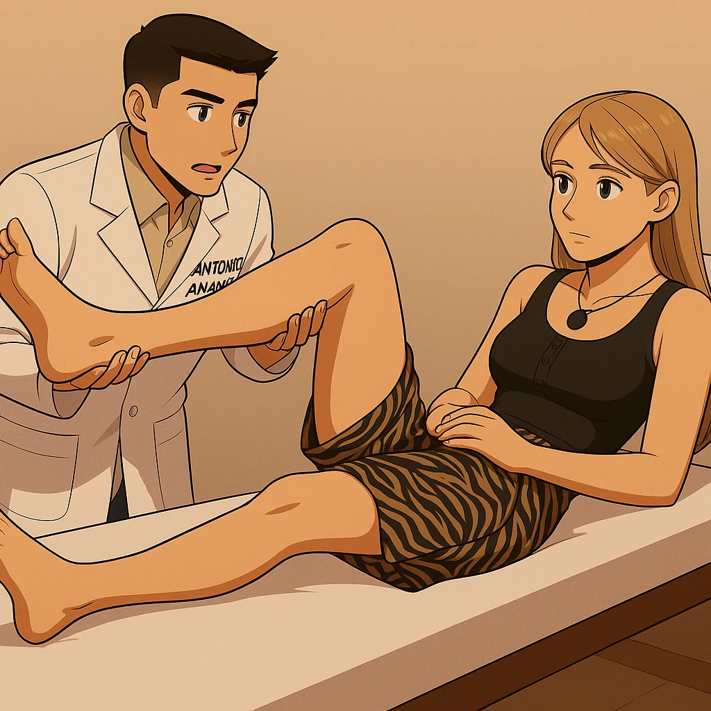fai un webtoon/manga a colori con questo kinesiologo in camice bianco (fagli la scritta "ANTONIO ANANIA" SUL CAMICE) CHE SVOLGE UN TEST NEUROMUSCOLARE SOLLEVANDO UNA GAMBA ALLA RAGAZZA CHE è STESA SU UN LETTINO BIANCO. STANZA SEMPLICE E MODERNA, DURANTE IL TEST I DUE DIALOGANO TRA LORO. NON FARE I FUMETTI, FAI SOLO LORO COME SE DIALOGASSERO emoji
