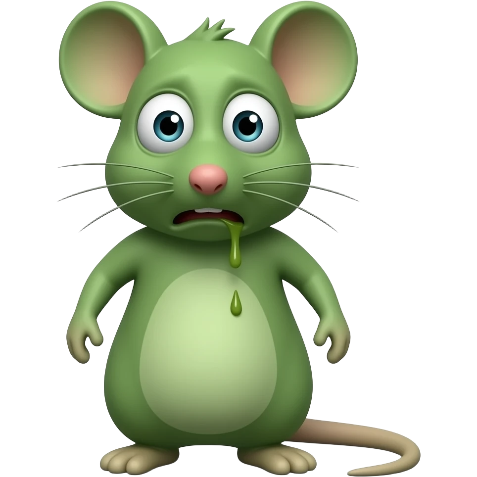 A little green mouse standing upright, with arms and legs that look like those of a little person, staring at us with a disgusted, revolting and nauseating look on its face. With vomit on his mouth. The mouse’s body is entirely green. emoji