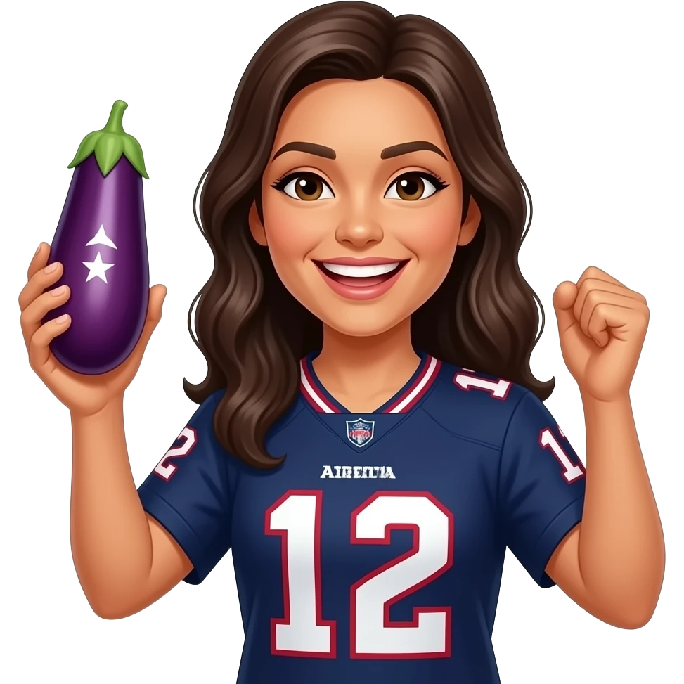 American Mexican woman with an eggplant hot dog celebrating a win emoji