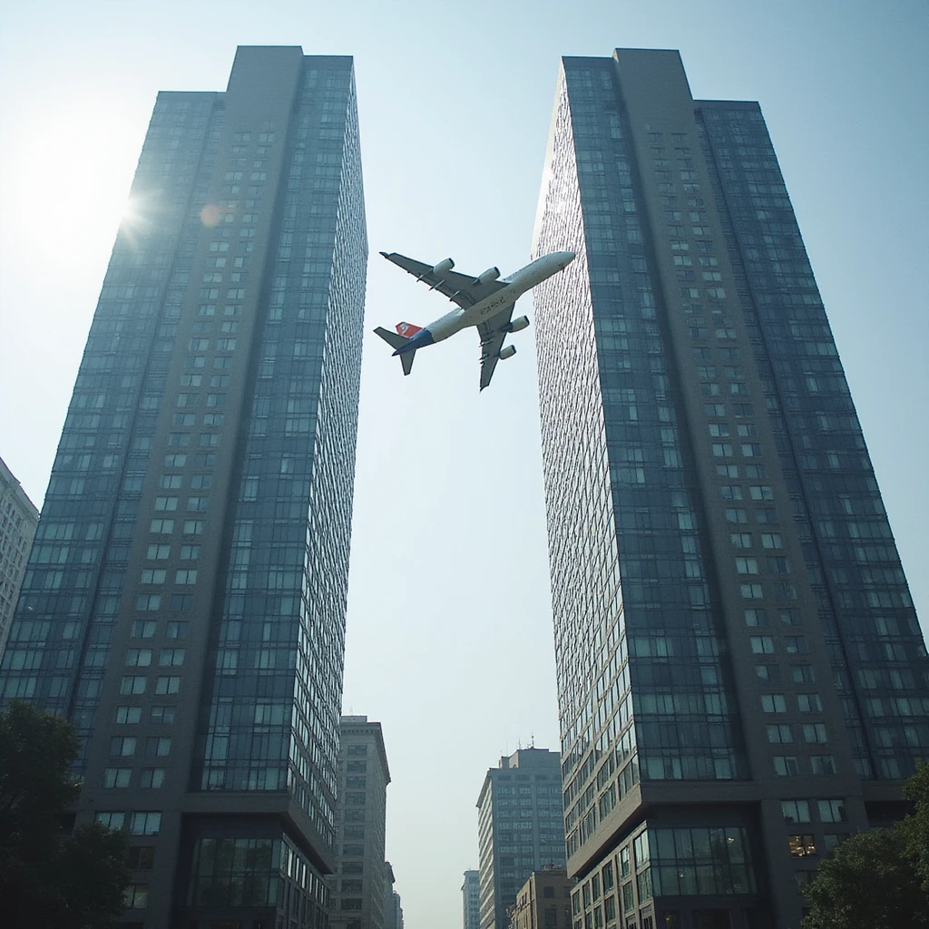 photo-style image of two tall buildings, airplane hitting the left one, urban setting emoji