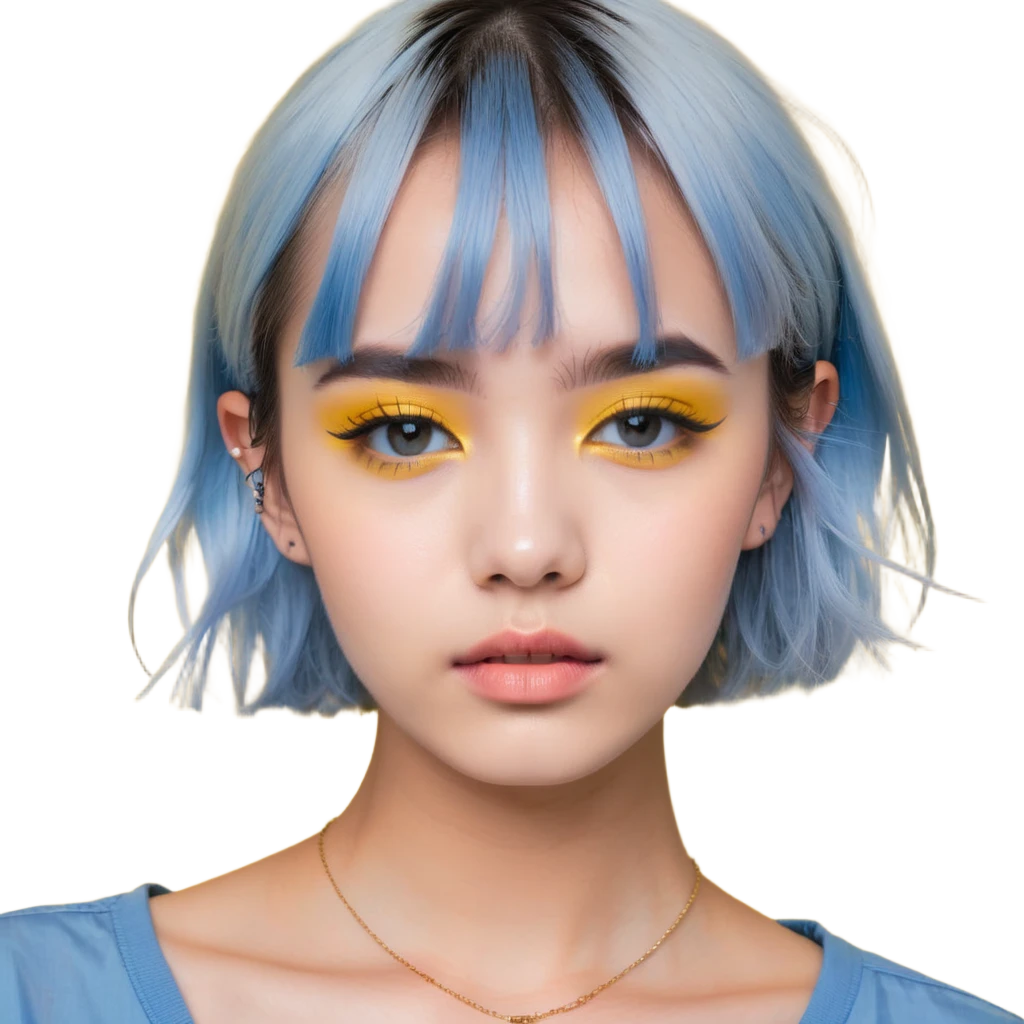 profile picture of a 22-year-old girl with short hair, cool tone makeup, blue shirt emoji