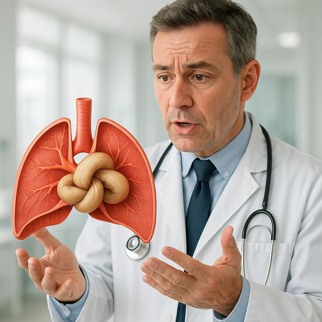 realistic doctor holding a stylized diaphragm with a large knot, explanatory expression, realistic details, bright clinical environment, no comic elements, hyper realistic style emoji