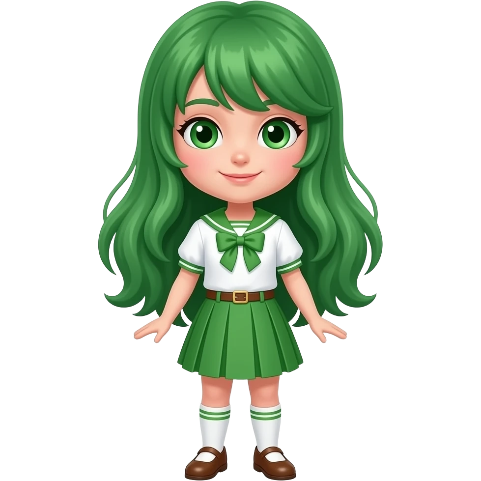 A girl with green hair 💚style anime with green eyes 💚  and white an green outfit with 💚 skirt with brown shoes 👟 emoji