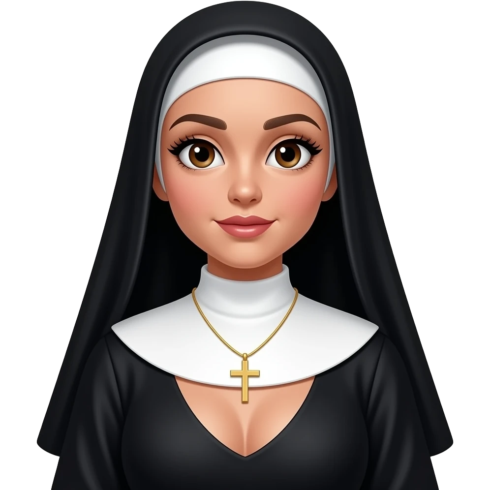 Nun with black hair, but everything is black and white, dark eyebrows, curvy chest but fully covered, big brown eyes and long eyelashes and pity lips, a cute dainty gold cross, white skin, long hair showing no scarf over hair just small black veil, lipgloss on emoji