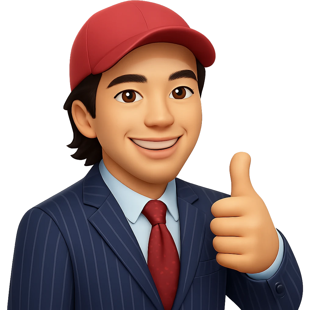 Create a 50% realistic emoji of a smiling man in a pinstripe suit and red cap, giving a thumbs up. The style should blend emoji and realism, capturing the essence of the reference photo, with a transparent background. emoji