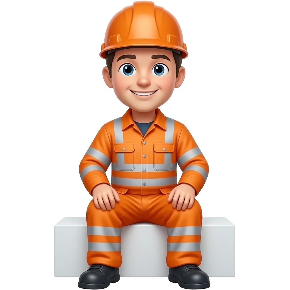 engineer sitting in full hi vis orange overalls, looking happy emoji