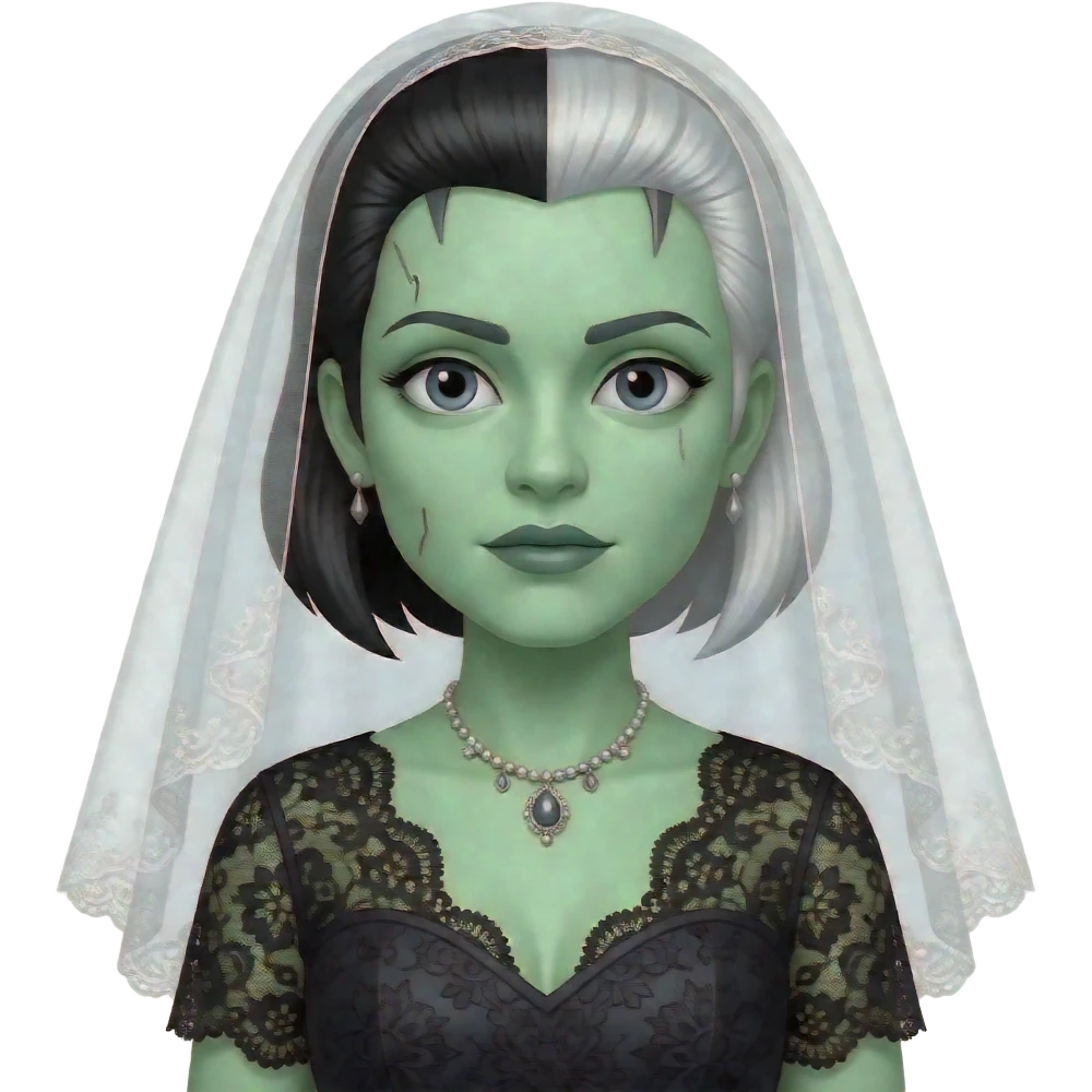 bride of frankenstein with black and white hair and green light green skin emoji