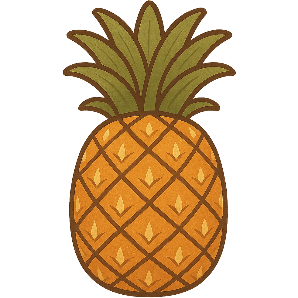 Create a single, whole pineapple with no background, vibrant and stylized for a 2D fruit ninja game in a flat warm colors illustration style. emoji
