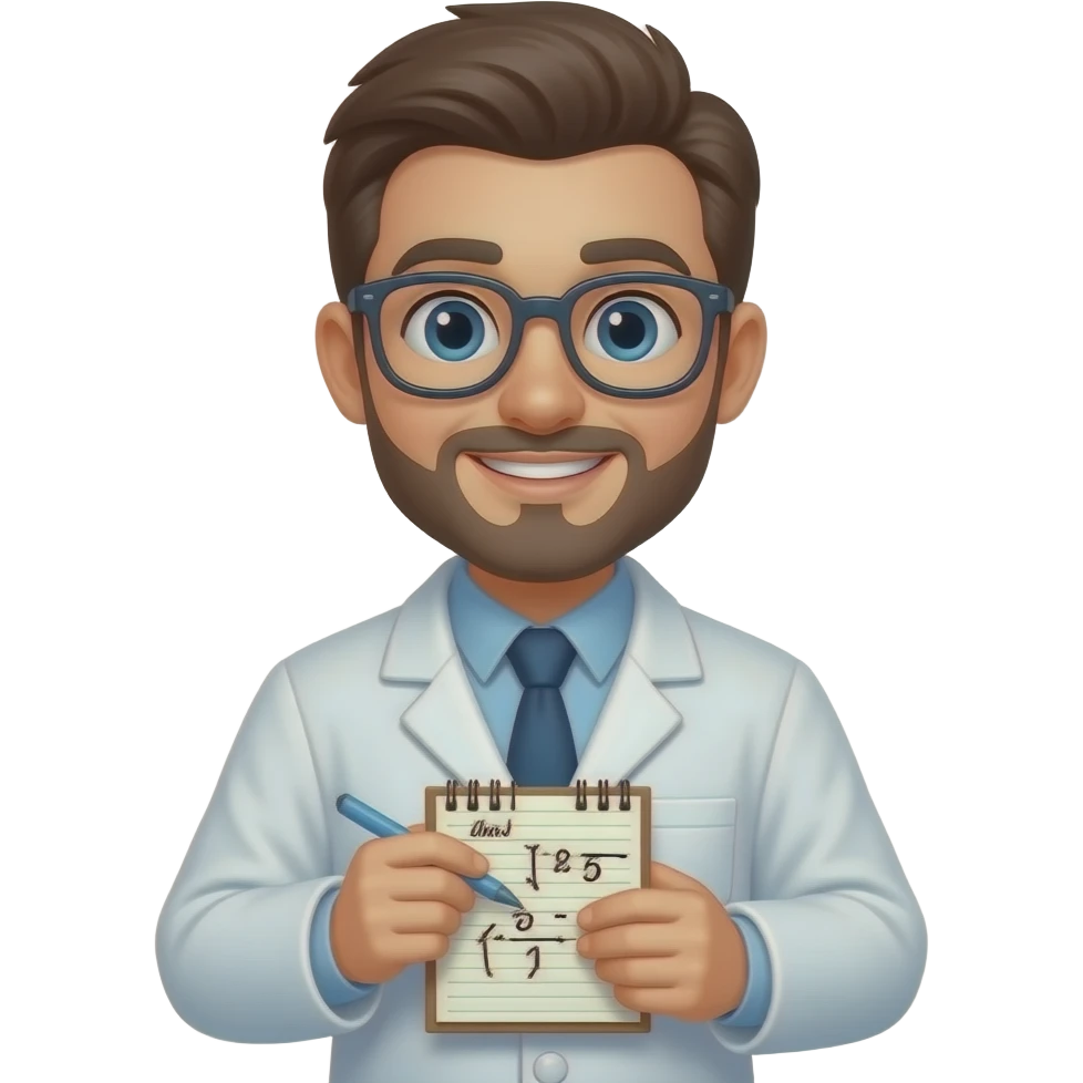 3D Apple‑style emoji minimalism  — a curious scientist. Glasses, lab coat, holding notes with formulas. emoji