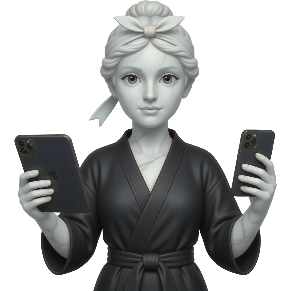 Venus de milo woman ninja (teenage-mutant-ninja-turtles) holding a Android tablet device on one hand and an Android mobile device on the other hand emoji