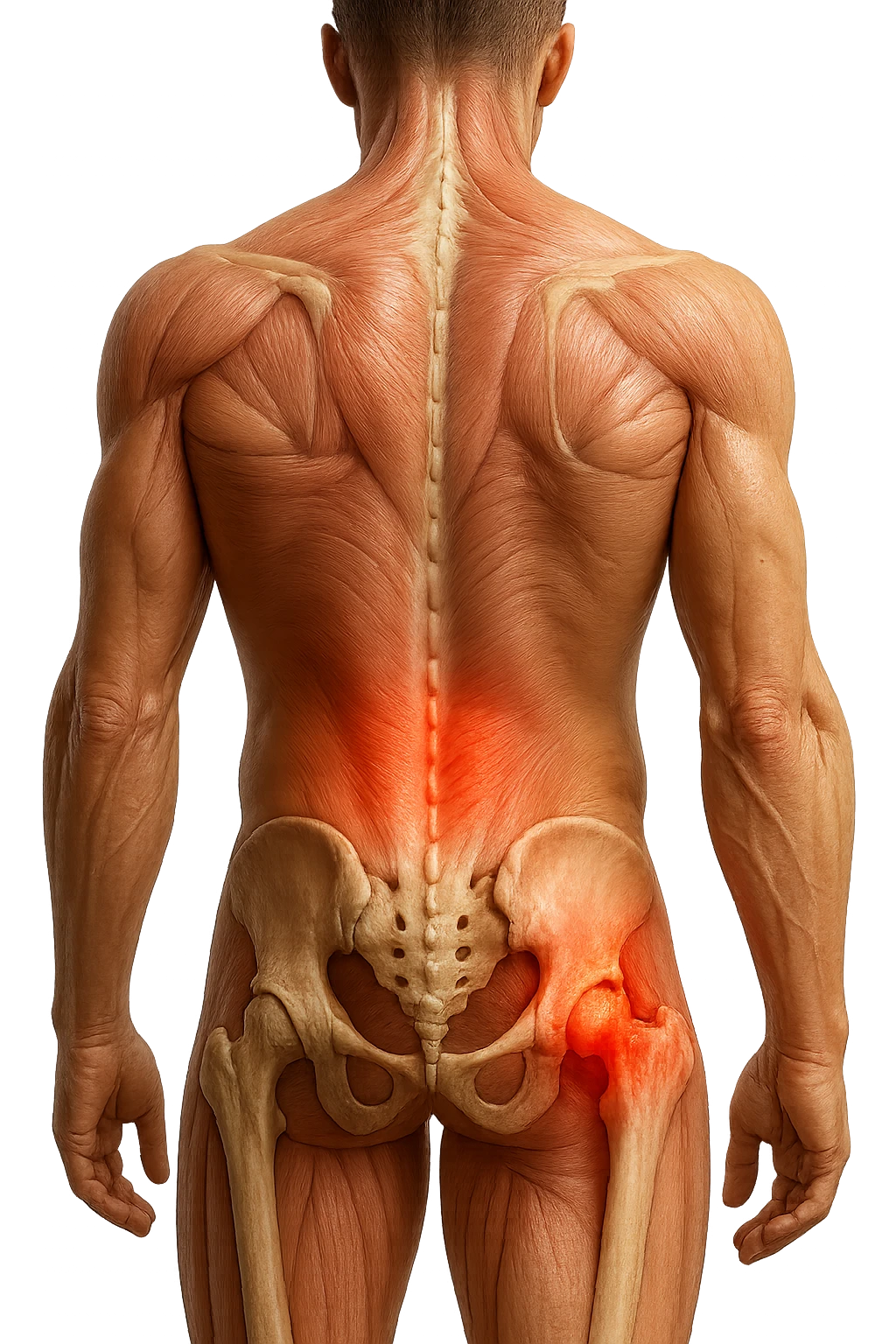 CORPO UMANO ANATOMICO REALISTICO DI SPALLE CON DOLORE ALLA LOMBARE INFIAMMATA, DOLORE ALL'ANCA, IPERREALISTICO 4K emoji