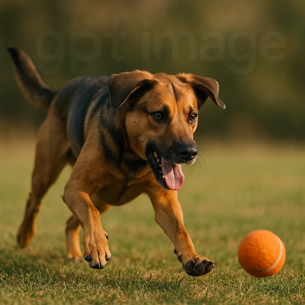  logo with text "gpt image" on the background of a dog chasing ball, realistic image emoji