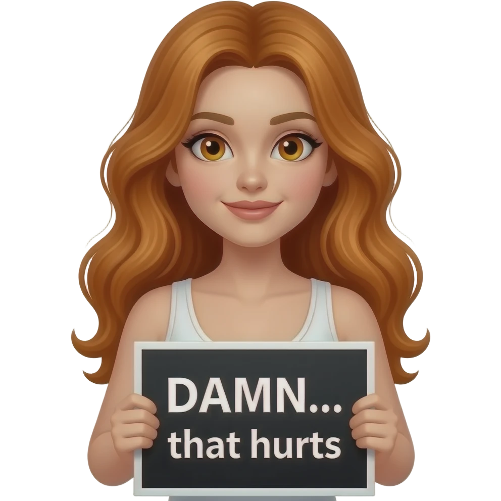 sexy girl with long wavy ginger hair and ginger eyes wearing a white tanktop is holding a black colored sign with DAMN... that hurts written on it emoji