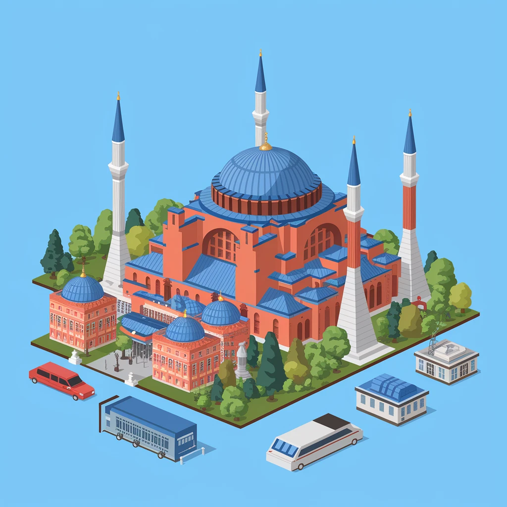 Isometric illustration of Istanbul, featuring photorealistic Hagia Sophia emoji