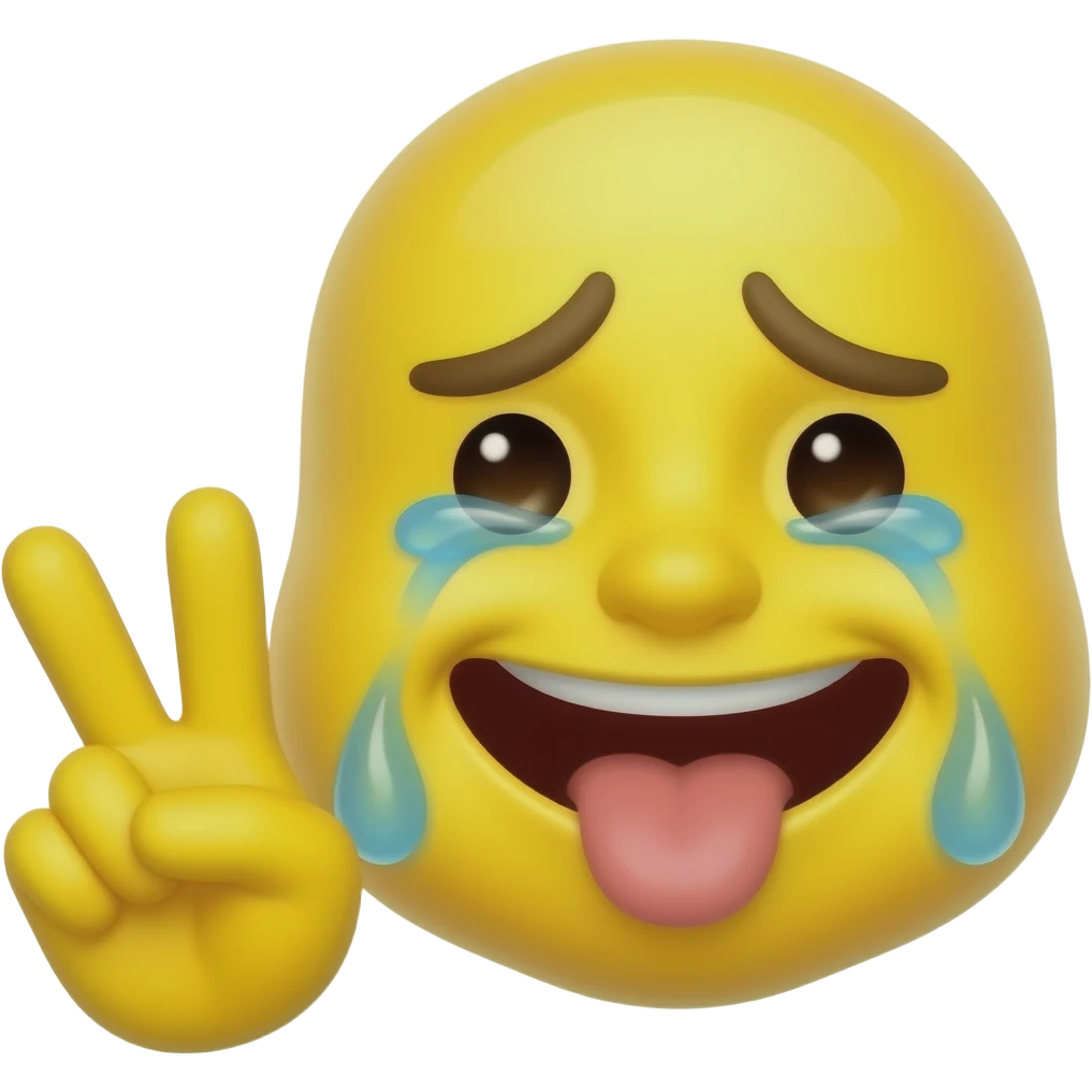 yellow round emoji crying with tongue and peace sign emoji